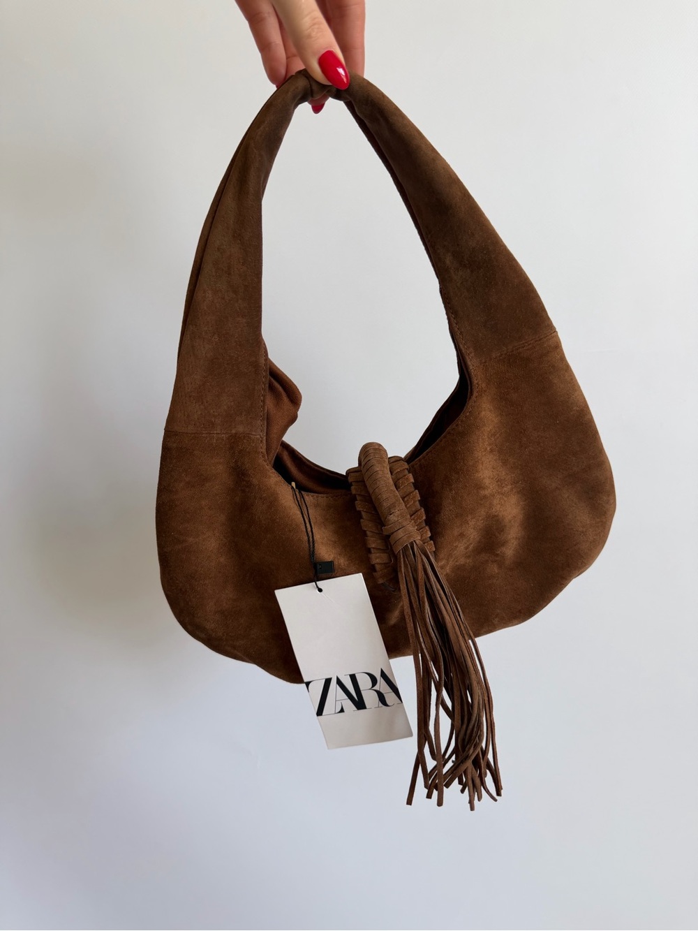 Zara Natural Suede Braided-Trim Fringe Hobo Bag in Brown - Picture 8 of 8